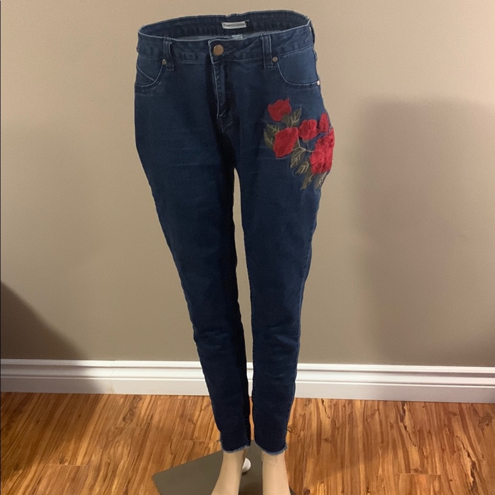 Revamped Blue Jeans with Red Floral Embroidery